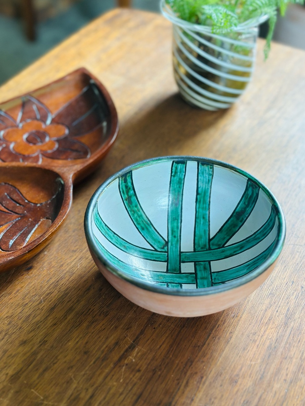 Gorgeous midcentury geometric painted clay bowl